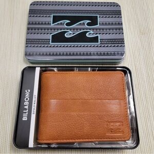 MEN'S BILLABONG BROWN BIFOLD LEATHER WALLET NEW IN TIN GIFTBOX